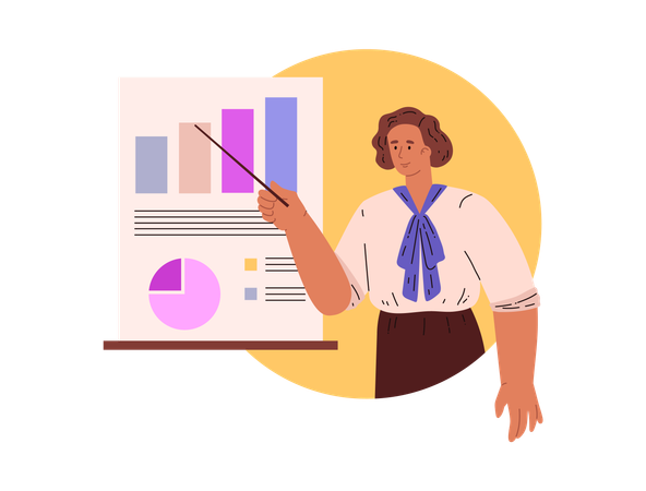 Mujer de negocios mostrando gráfico con diagramas y diagramas.  Ilustración