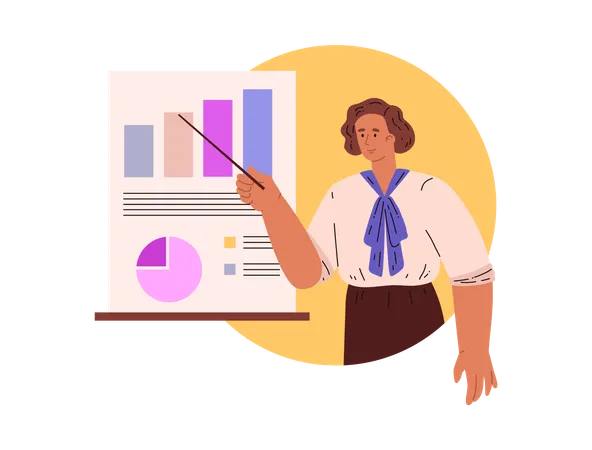 Mujer de negocios mostrando gráfico con diagramas y diagramas.  Ilustración