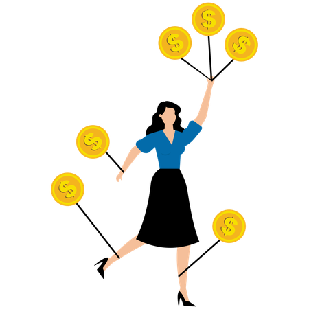 Mujer de negocios mostrando monedas de dólar  Ilustración