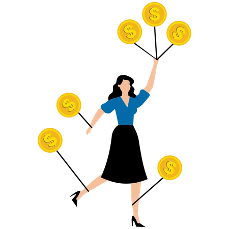 Mujer de negocios mostrando monedas de dólar  Ilustración