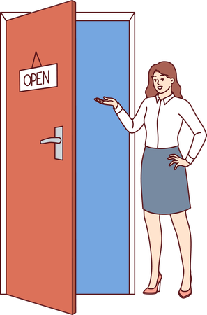 Mujer de negocios mostrando la puerta abierta  Ilustración