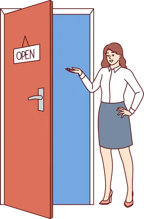 Mujer de negocios mostrando la puerta abierta  Ilustración