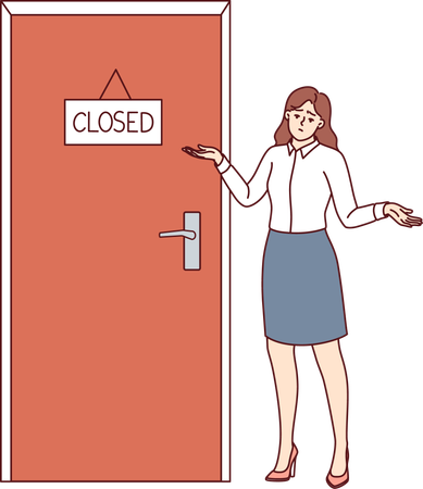 Mujer de negocios mostrando puerta cerrada  Ilustración