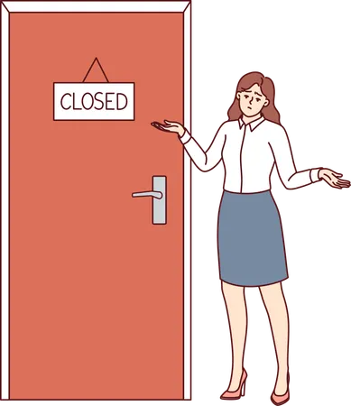 Mujer de negocios mostrando puerta cerrada  Ilustración