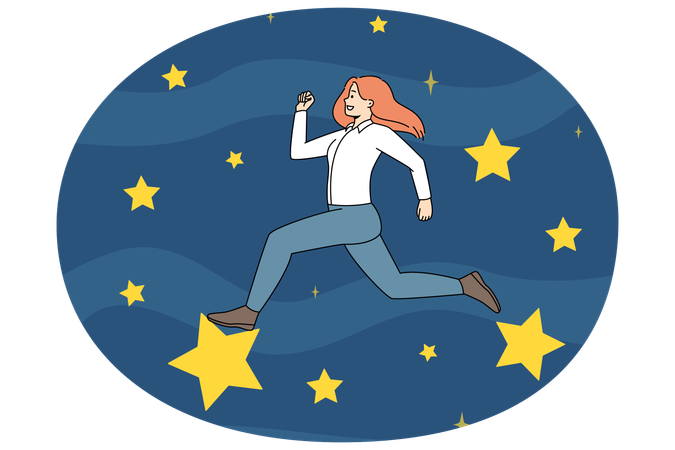 Una empresaria motivada que corre entre estrellas se esfuerza por lograr nuevos logros profesionales.  Ilustración