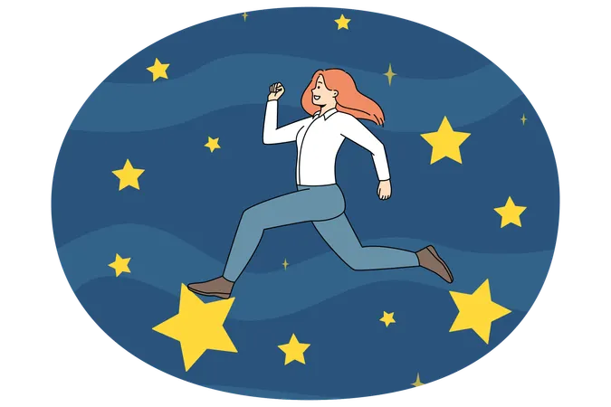 Una empresaria motivada que corre entre estrellas se esfuerza por lograr nuevos logros profesionales.  Ilustración