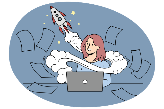 Mujer de negocios motivada trabajando en el lanzamiento de una startup informática  Ilustración
