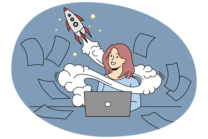 Mujer de negocios motivada trabajando en el lanzamiento de una startup informática  Ilustración