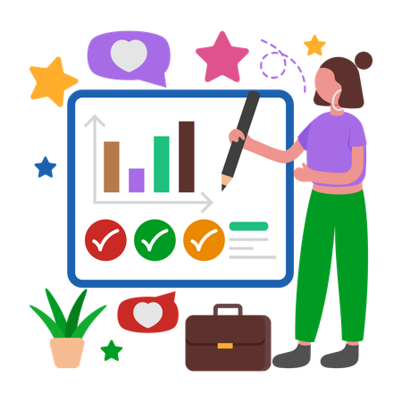 Mujer de negocios trabajando en el análisis de comentarios de los clientes  Ilustración
