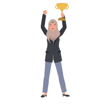 Empresaria musulmana celebrando el éxito con trofeo en mano  Ilustración