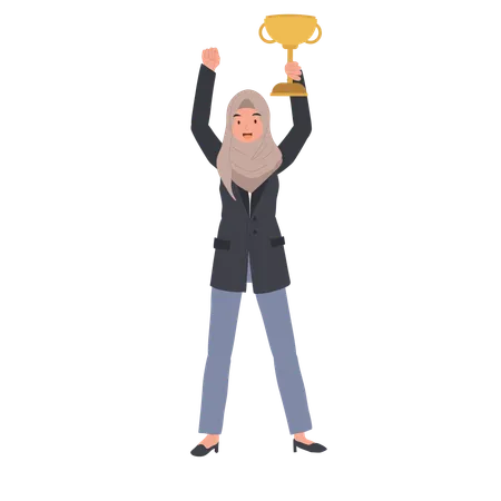 Empresaria musulmana celebrando el éxito con trofeo en mano  Ilustración