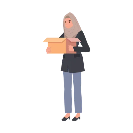Empresaria musulmana con caja dejando trabajo  Ilustración