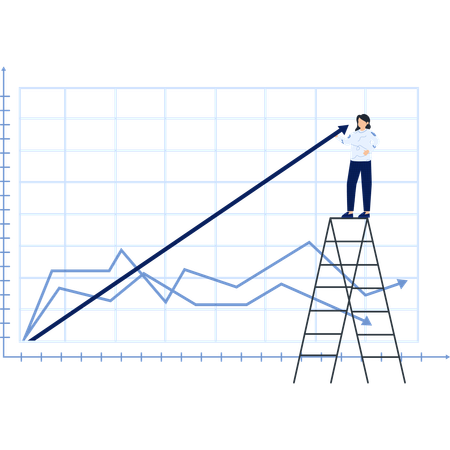 Mulher de negócios na escada alcançando o sucesso e o crescimento em um gráfico  Ilustração