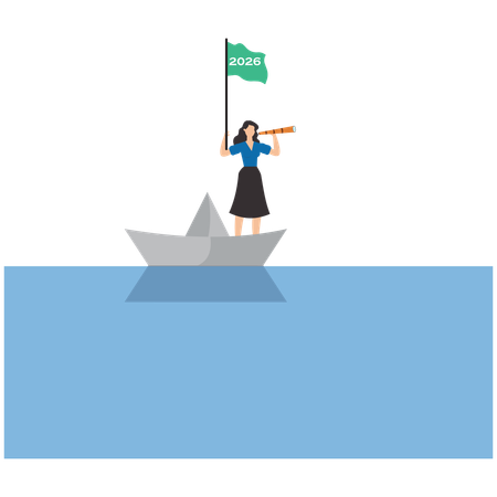 Mujer de negocios navegando en un barco de papel con la bandera del año 2026 ondeando mientras busca oportunidades de negocios  Ilustración