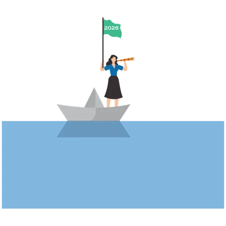 Mujer de negocios navegando en un barco de papel con la bandera del año 2026 ondeando mientras busca oportunidades de negocios  Ilustración