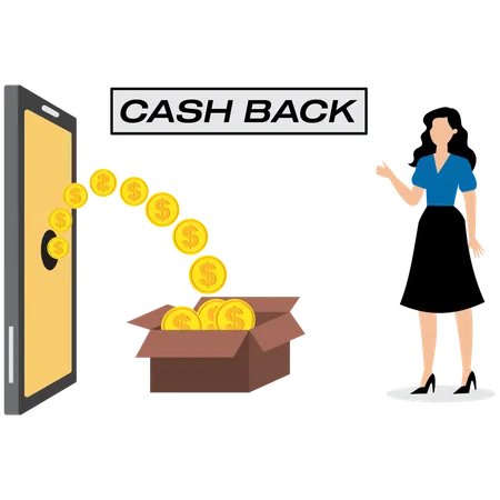 Mulher de negócios recebendo cashback online  Illustration