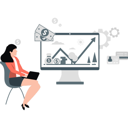 Mulher de negócios olhando para o gráfico de negócios no monitor  Ilustração