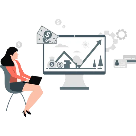 Mulher de negócios olhando para o gráfico de negócios no monitor  Ilustração