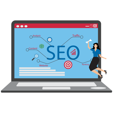 Mujer de negocios optimizando el ranking SEO  Ilustración