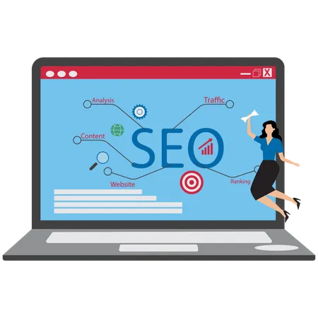 Mujer de negocios optimizando el ranking SEO  Ilustración