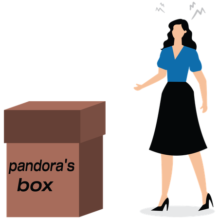 Mujer de negocios pensando en el riesgo y la oportunidad de abrir la caja de Pandora  Ilustración