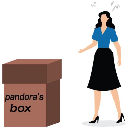 Mujer de negocios pensando en el riesgo y la oportunidad de abrir la caja de Pandora  Ilustración