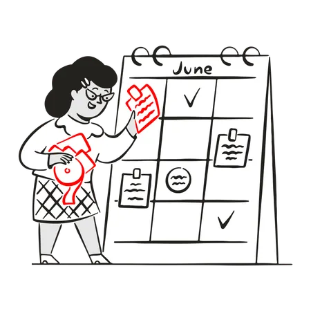 Empresária planejando trabalho mensal no calendário  Ilustração