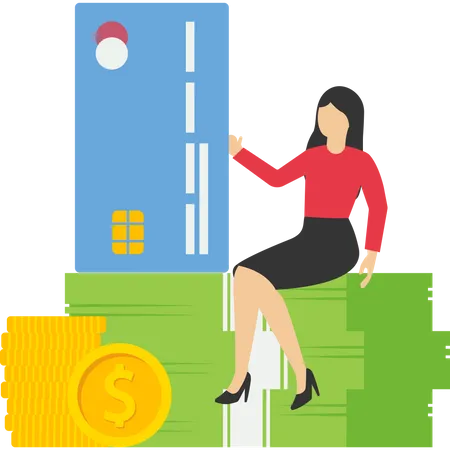 Mujer de negocios positiva sentada relajada en la billetera con dinero y tarjeta de débito  Ilustración