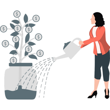 Mujer de negocios regando un árbol de dólares  Ilustración