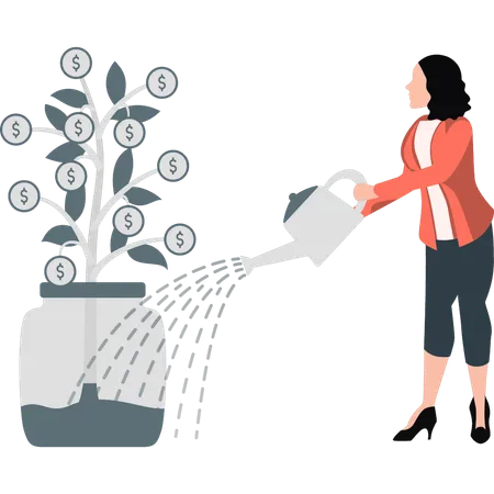 Mujer de negocios regando un árbol de dólares  Ilustración