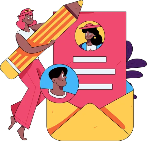 Mujer de negocios revisa su nuevo currículum para una vacante de trabajo  Ilustración