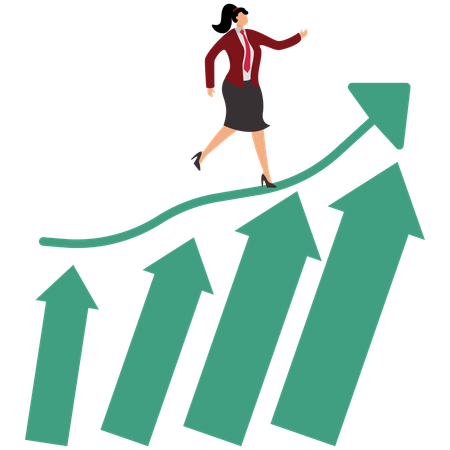 La empresaria salta hacia adelante y salta sobre el gráfico de crecimiento ascendente  Ilustración