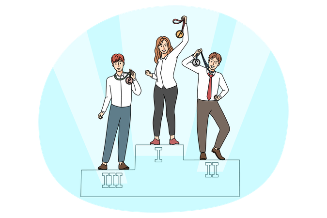 Mujer de negocios segura de sí misma con medalla de oro en el podio  Ilustración
