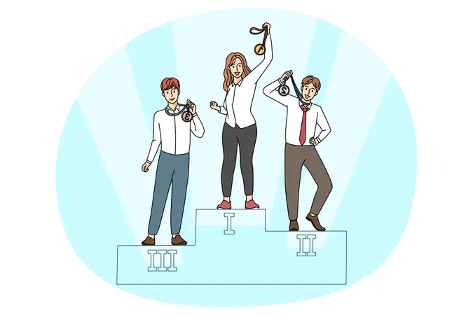 Mujer de negocios segura de sí misma con medalla de oro en el podio  Ilustración