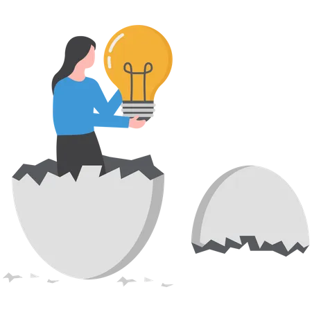 Empresária segurando uma lâmpada de grande ideia e saindo de uma casca de ovo gigante  Ilustração