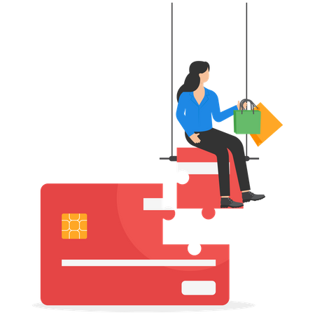 Empresária sentada na peça do quebra-cabeça do cartão do banco e segurando sacolas de compras  Ilustração