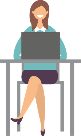 Empresária sentada na mesa e trabalhando no laptop  Ilustração
