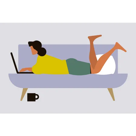 A Garota Esta Sentada No Sofa Trabalhando Em Seu Laptop Ilustração
