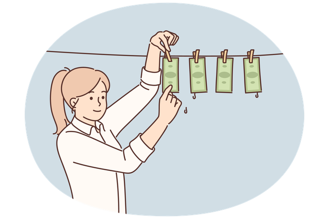 Empresaria sonriente entregando dinero en cuerdas  Ilustración