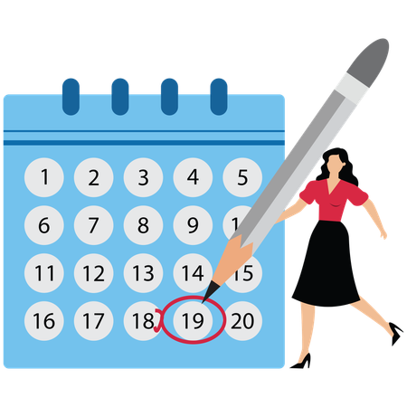 Mujer de negocios sosteniendo un lápiz pensando en un plan de calendario  Ilustración