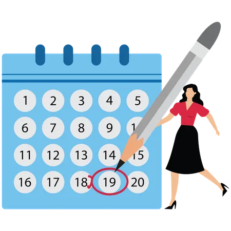 Mujer de negocios sosteniendo un lápiz pensando en un plan de calendario  Ilustración