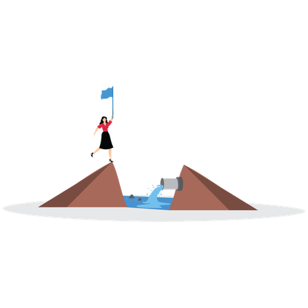 Mujer de negocios sosteniendo una bandera en la cima de un símbolo de montaña  Ilustración