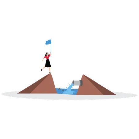 Mujer de negocios sosteniendo una bandera en la cima de un símbolo de montaña  Ilustración