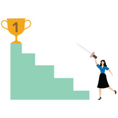 Mujer de negocios sosteniendo una espada y señalando el trofeo de campeón en lo alto de las escaleras  Illustration