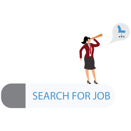 Una mujer de negocios sube la escalera de la barra de búsqueda de empleo con binoculares para ver la oportunidad  Ilustración