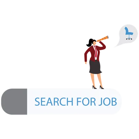 Una mujer de negocios sube la escalera de la barra de búsqueda de empleo con binoculares para ver la oportunidad  Ilustración