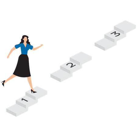 Mujer de negocios sube escaleras arriba tres escalones  Illustration