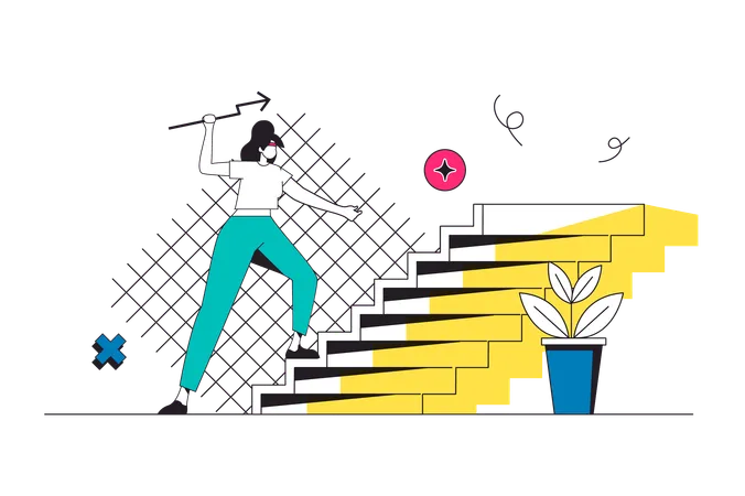 Empresaria subiendo escaleras de éxito  Ilustración