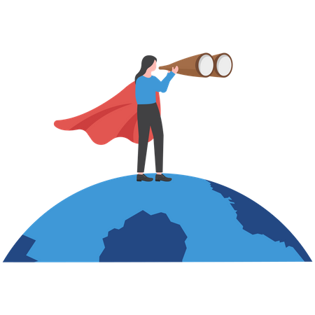 Super-herói empresária no mundo planeta Terra apontando direção  Ilustração