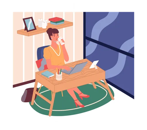 Mujer de negocios tomando café o té y trabajando con una computadora portátil  Ilustración